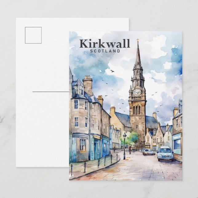 Kirkwall Scotland Watercolor Painting Travel Vykort (Fram/baksida)