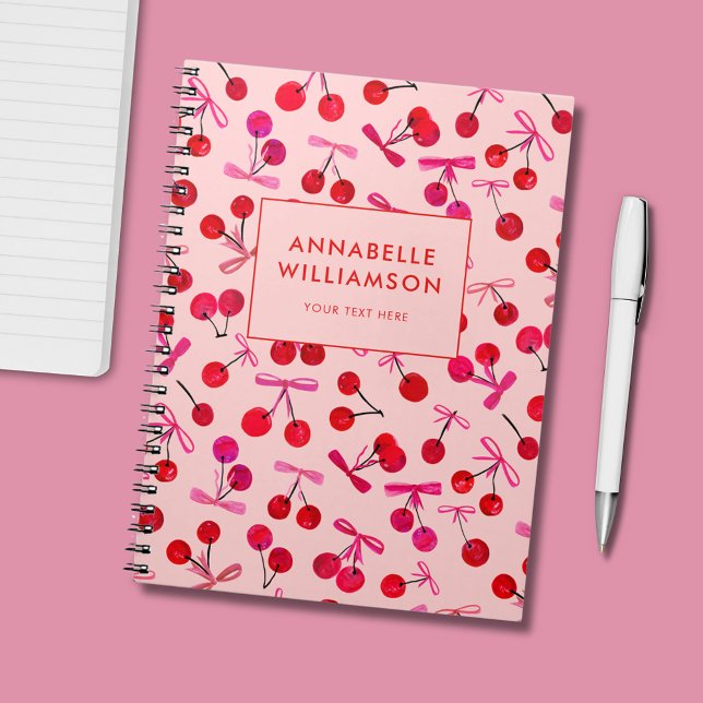 Kirschen & Rosa Slinga Anteckningsbok (Cute cherry & bow, coquette aesthetic, personalized notebook/journal.)
