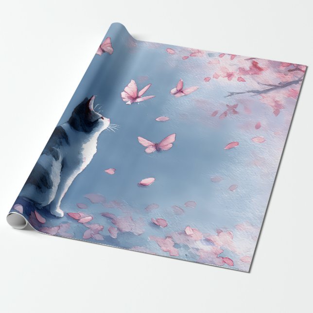 Kirsebär Blommande Katt och Fjärilar (4) Presentpapper (Utrullad)