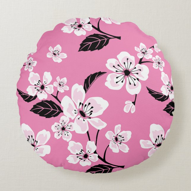 KIRSEBÄRBLOM - SAKURA MÖNSTER I LJUS ROSA RUND KUDDE (Framsidan)