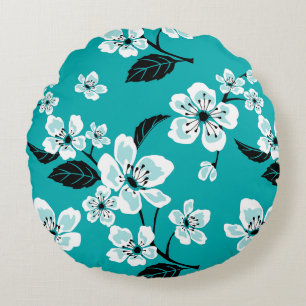 KIRSEBÄRBLOMMA - SAKURA-MÖNSTER I TEAL RUND KUDDE