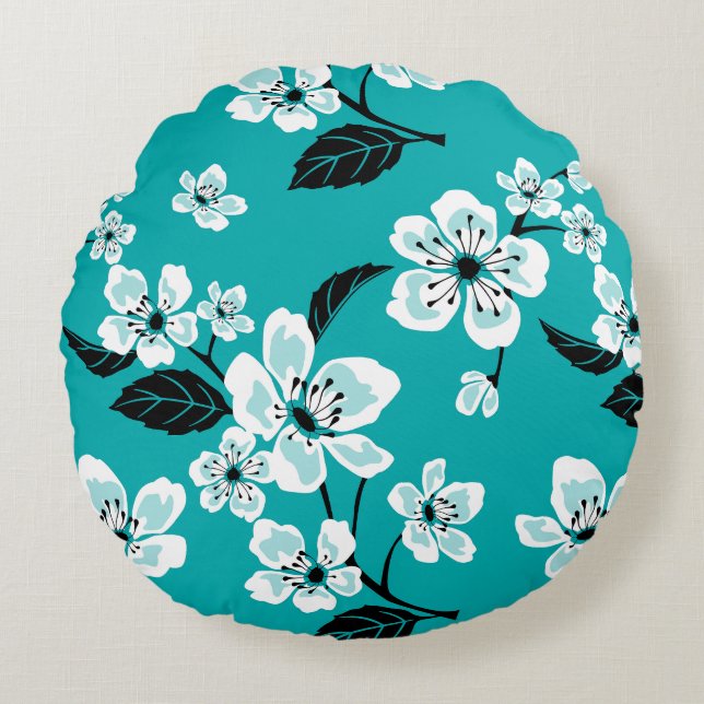 KIRSEBÄRBLOMMA - SAKURA-MÖNSTER I TEAL RUND KUDDE (Framsidan)