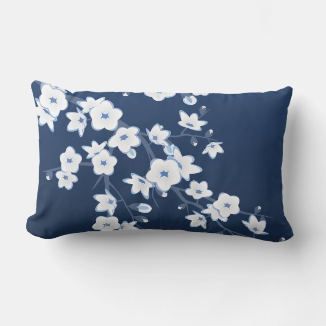 Kirsebärsblom Navyblå Vit Blommig Lumbarkudde (Framsida)