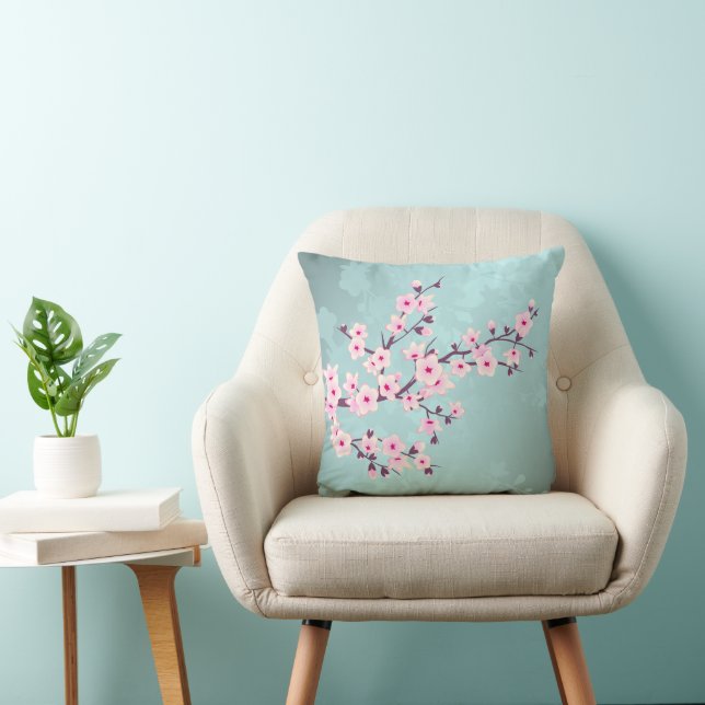 Kirsebärsblommor Turkos Monogram Kudde (Stol)