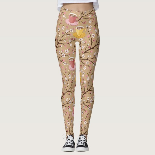 Kirssebärsblom Coffee Cozy Mönster (4) Leggings (Framsida)