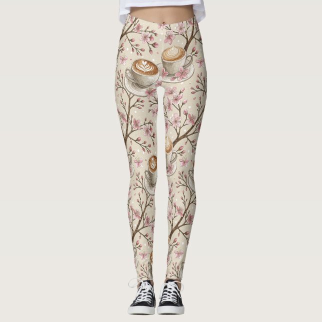 Kirssebärsblom Coffee Cozy Mönster (6) Leggings (Framsida)