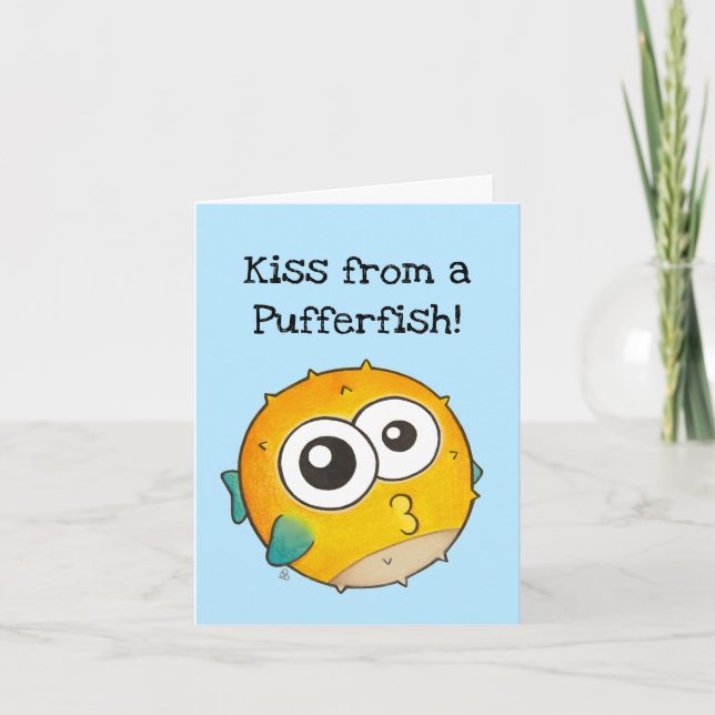 Kis från en Pufferfish, Cute Gult Blowfish Kort (Framsida)