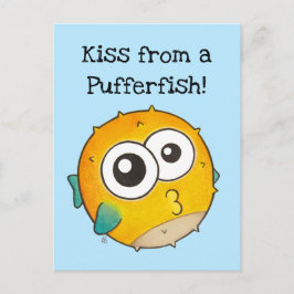 Kis från en Pufferfish, Cute Gult Blowfish Vykort
