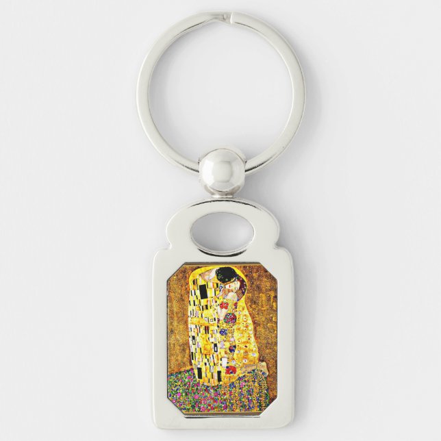 Kiss, berömd av Gustav Klimt Rektangulärt Silverfärgad Nyckelring (Framsidan)