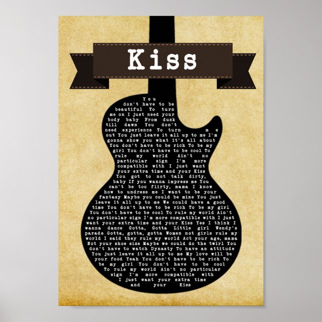 Kiss Black Guitar Sång Lyric Wall Art Skriv ut Poster (Framsidan)
