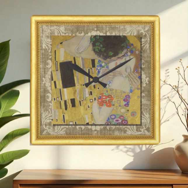 Kiss, Gustav Klimt, Framed Canvas Fyrkantig Klocka (Skapare uppladdad)