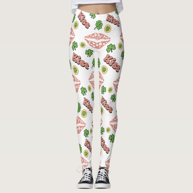 Kiss Klöver Läppar St. Patrick's Day White Legings Leggings (Framsida)