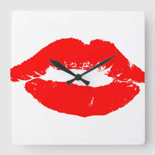 Kiss Läppar Red Lipstick Kärlek Passion Valentine Fyrkantig Klocka