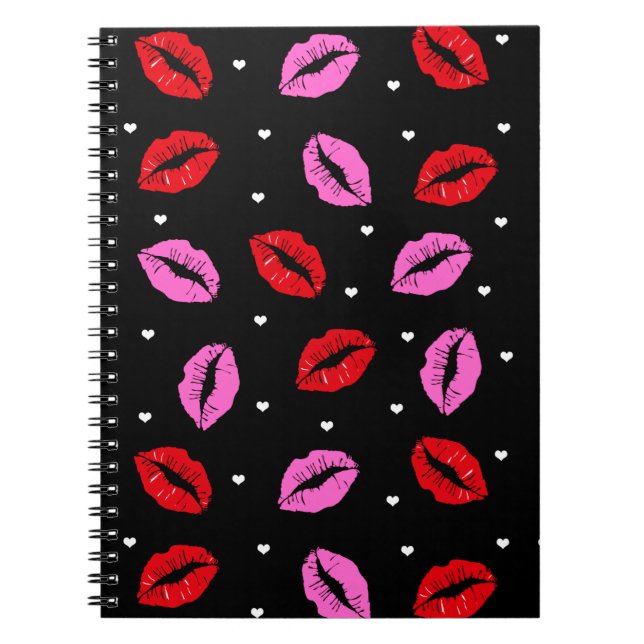 Kiss Läppar Rosa and Red, Hjärtar BLK för bärbara  Anteckningsbok (Framsidan)