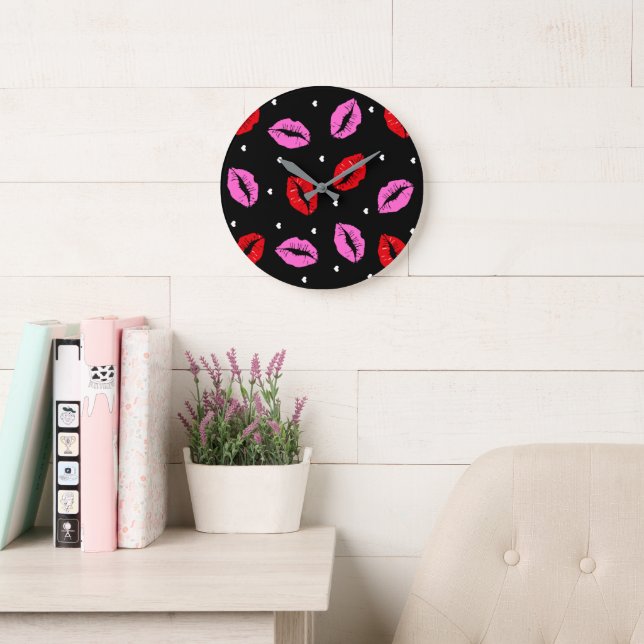 Kiss Läppar Rosa Red, Akrylic Blk Wall Clock SM/LG Stor Klocka (Läsesal)