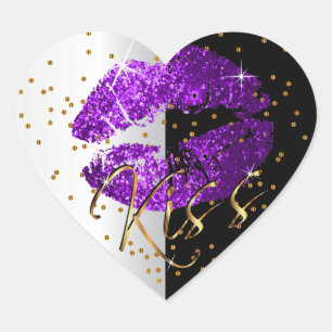 Kiss Lila och Guld Glitter Läppar Hjärtformat Klistermärke