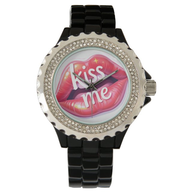 Kiss Me Glossy Red Lips Art Illustration Armbandsur (Framsida)