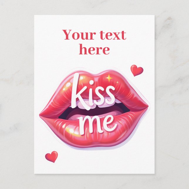 Kiss Me Glossy Red Lips Art Illustration Inbjudan Vykort (Framsida)