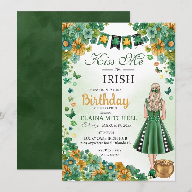 Kiss Me jag är Irish Girl Grönt Dress St. Patrick' Inbjudningar (Fram/baksida)