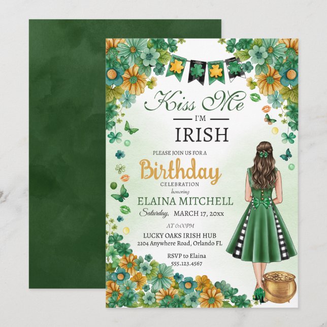 Kiss Me jag är Irish Girl Grönt Dress St. Patrick' Inbjudningar (Fram/baksida)