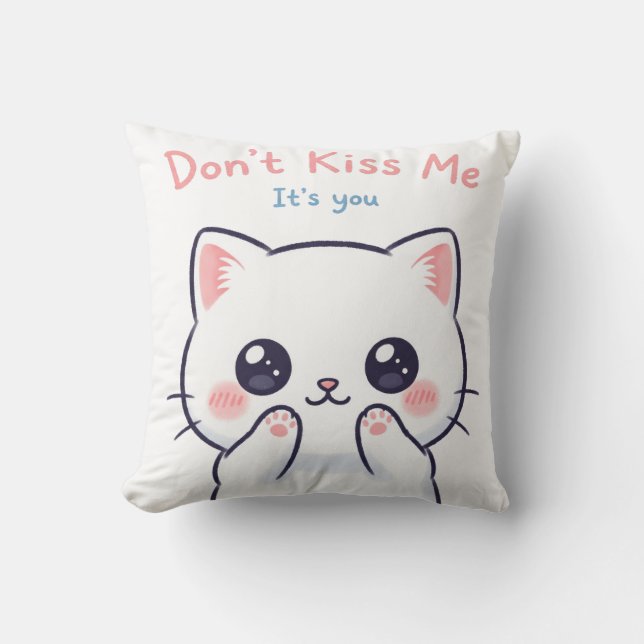 Kiss Me Kawaii Cat Illustration | Cute Funny Kudde (Framsida)