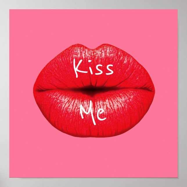 Kiss me Red Lipstick pop art läppar på rosa Poster (Framsidan)