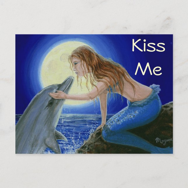 Kiss Me Sjöjungfru & Dolphin Fantasy vycard Vykort (Framsida)