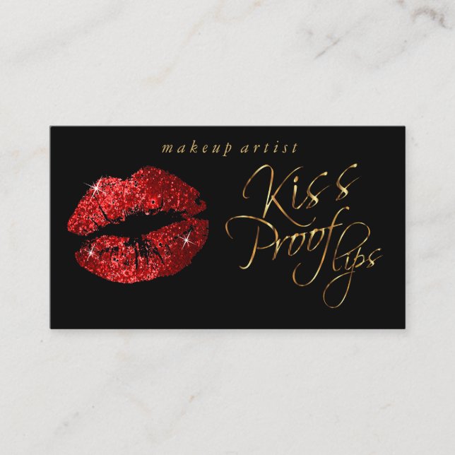Kiss Proof Läppar - Red Glitter och Elegant Guld Visitkort (Framsida)