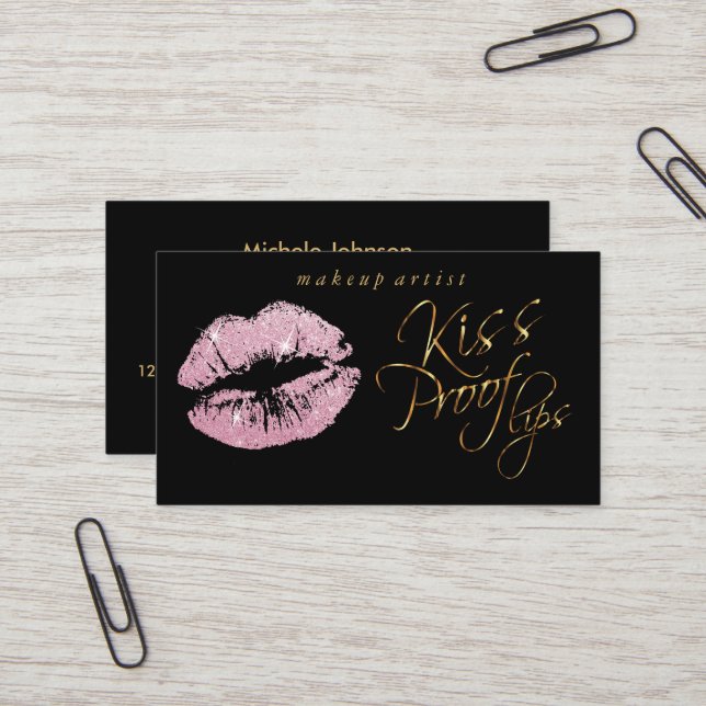 Kiss Proof Läppar - Rosa Glitter och Guld Visitkort (Fram/Back In Situ)