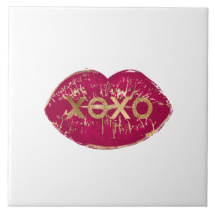Kiss Red Läppar Guld Glitter XOXO Kakelplatta