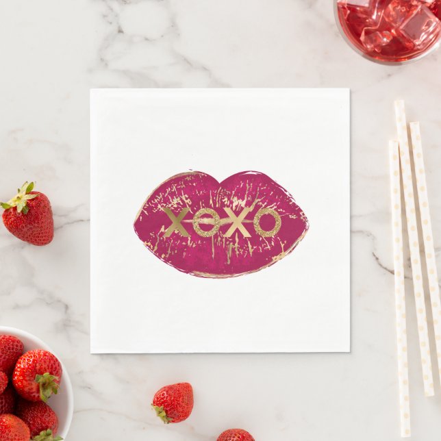 Kiss Red Läppar Guld Glitter XOXO Pappersservett (Insitu)