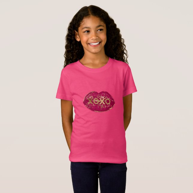 Kiss Red Läppar Guld Glitter XOXO T Shirt (Hel framsida)