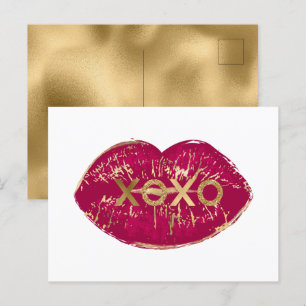 Kiss Red Läppar Guld Glitter XOXO Vykort