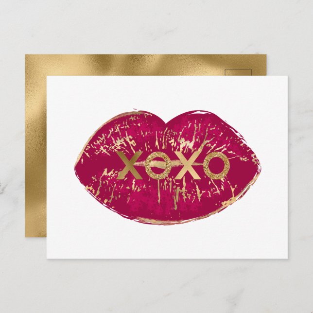 Kiss Red Läppar Guld Glitter XOXO Vykort (Fram/baksida)