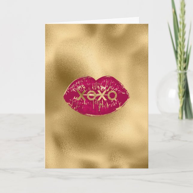Kiss Red Lips Gold Glitter XOXO Kort (Framsida)