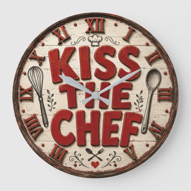 Kiss the Chef Rustic Farmhouse Kitchen Stor Klocka (Framsida)