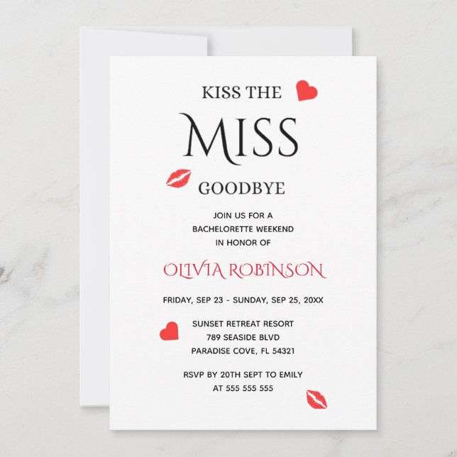Kiss the Miss AdjAdjéen Bachelorette Helg Inbjudningar (Framsida)