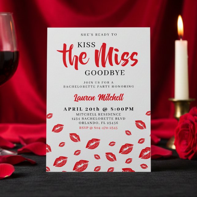 Kiss the Miss Goodbye Red Lip Bachelorette Party Inbjudningar (Skapare uppladdad)