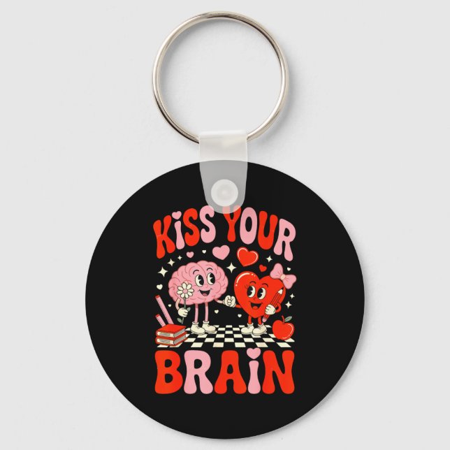 Kiss Your Brain Women Valentine's Day Retro School Nyckelring (Framsida)
