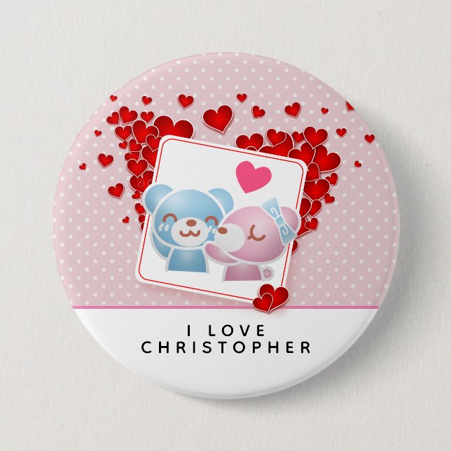 Kissande björnar med Red Kärlek Hearts hela runt Knapp (Framsida)
