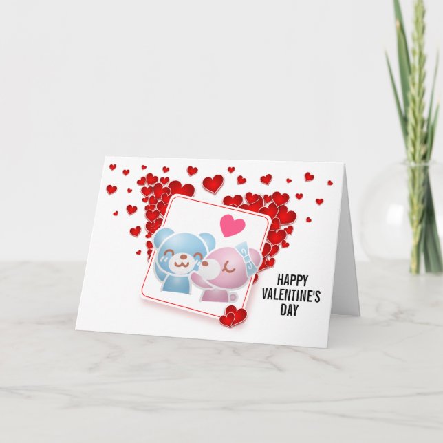 Kisserande björnar med Kärlek Hearts Valentine's Kort (Framsida)