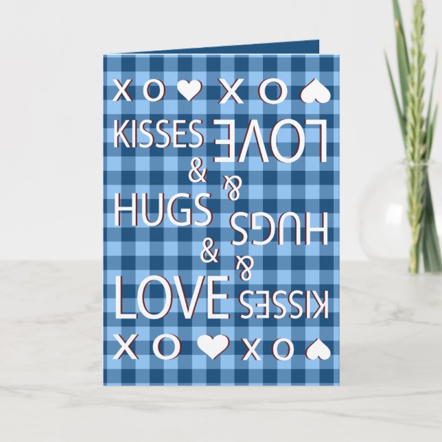 Kisses & Hugs & Kärlek Gingham Checkered Helgkort (Framsida)