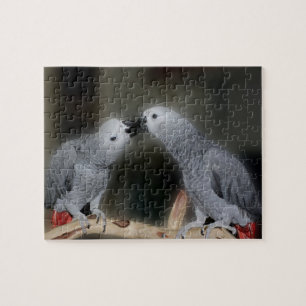 Kissing African Grått Parrots Cute Bird Pussel