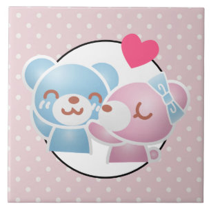 KIssing Bears on Polka dots Cute and Kawaii Kakelplatta
