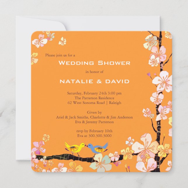Kissing Birds Tangerine Bröllop Par Shower Inbjudningar (Framsida)
