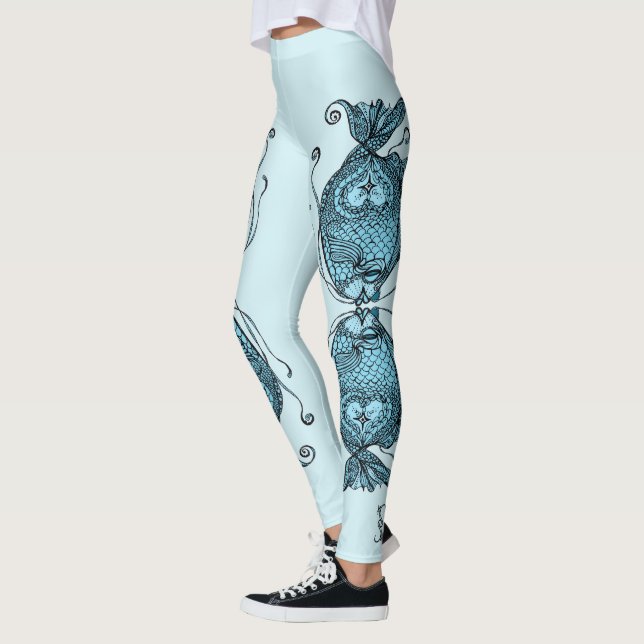 Kissing Fish Art Aqua Blue Leggings (Vänster)