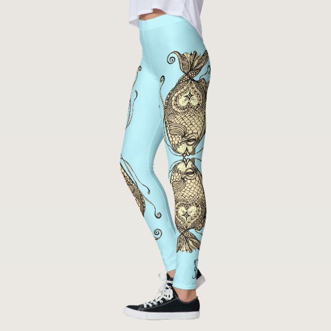Kissing Fish Art Aqua Sepia Leggings (Vänster)