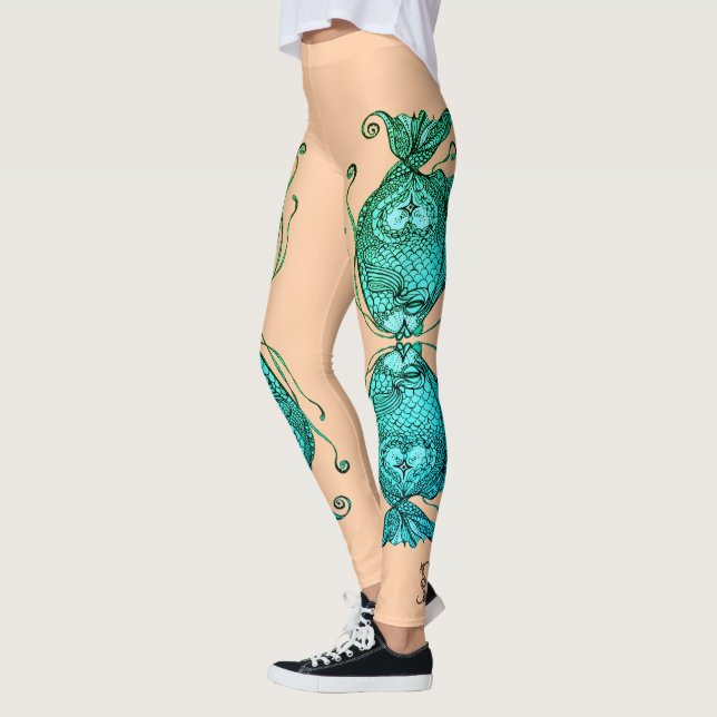 Kissing Fish Art Peach Teal Leggings (Vänster)