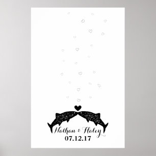 Kissing Fish Thumbprint Bubbles Bröllop Guest Bok Poster