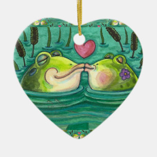 KISSING FROGS COLORFUL & CUTE POND ROMANTIK, FUNNY JULGRANSPRYDNAD KERAMIK